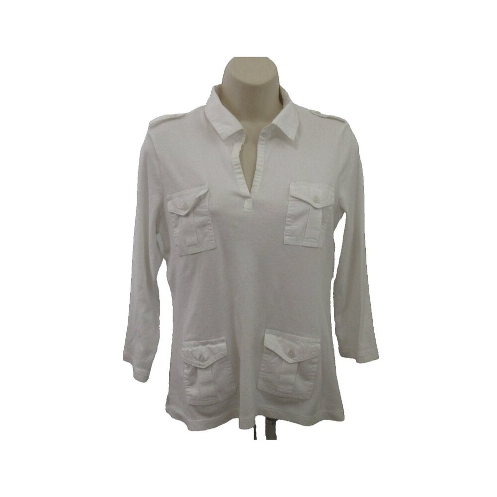 By Chico's Pullover Tee Shirt Top Sz 1 Med White 3/4 Sleeve Collar Flap Pockets